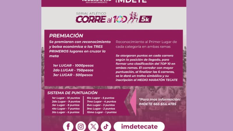 Este 20 de abril arranca el Serial Atlético «Corre al 100» en Tecate