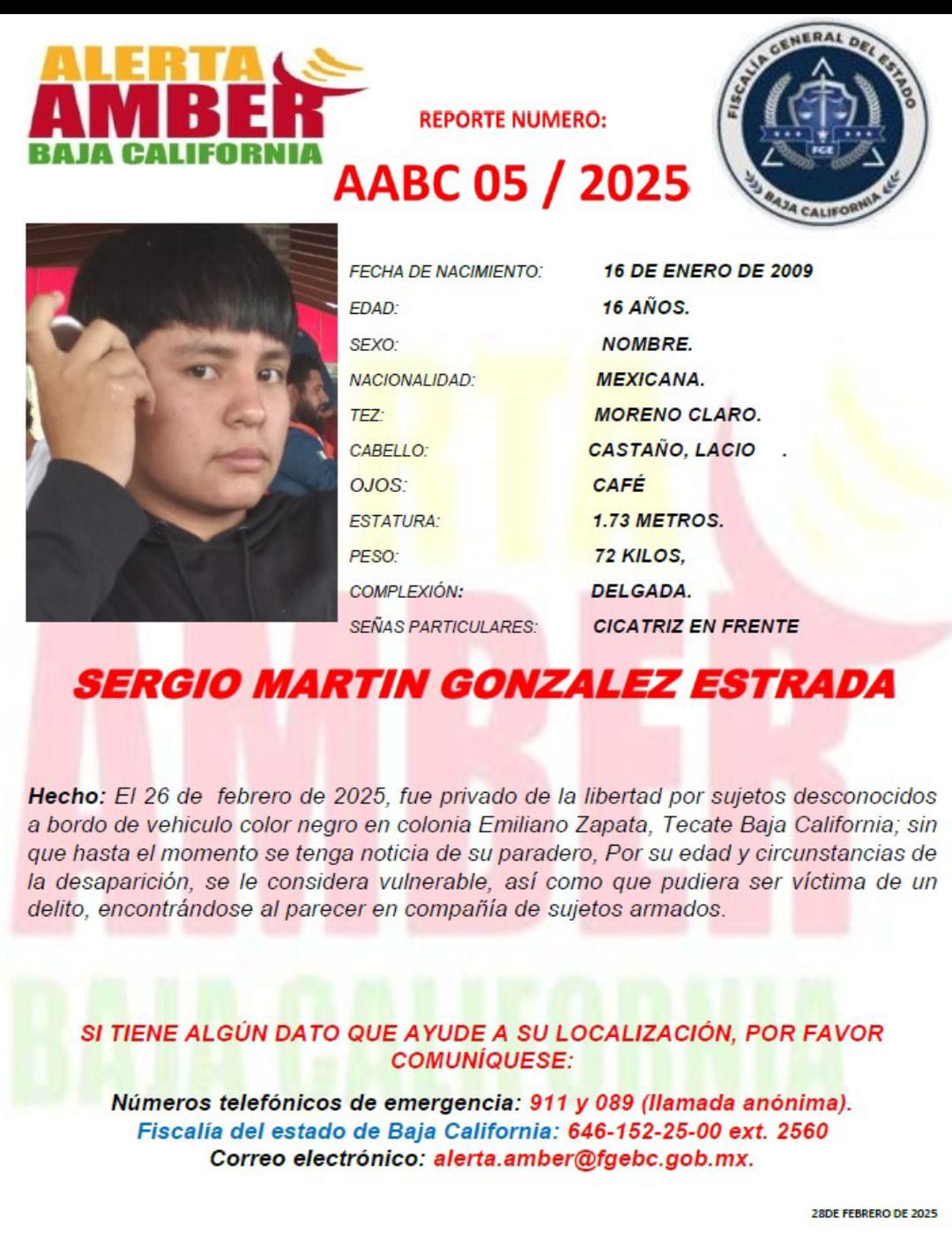Alerta Amber de Sergio Martín González Estrada de 16 años de edad