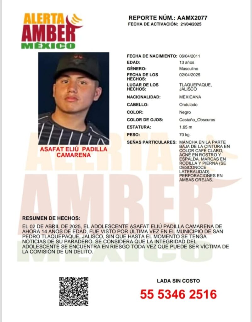 Alerta Amber de Asafat Eliú Padilla Camarena de 14 años de edad