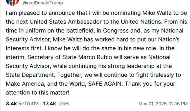 Donald Trump nombra a su asesor de seguridad Mike Waltz como nuevo embajador de EU ante la ONU