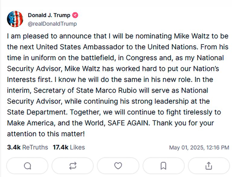 Donald Trump nombra a su asesor de seguridad Mike Waltz como nuevo embajador de EU ante la ONU