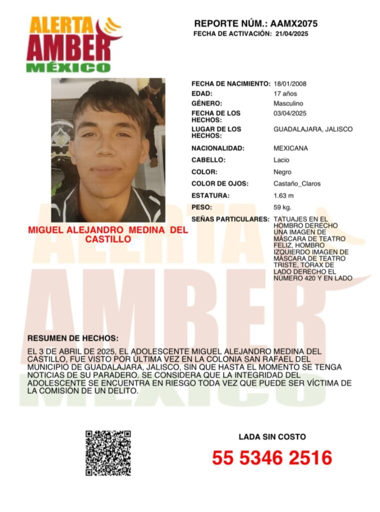 Alerta Amber de Miguel Alejandro Medina del Castillo de 17 años de edad