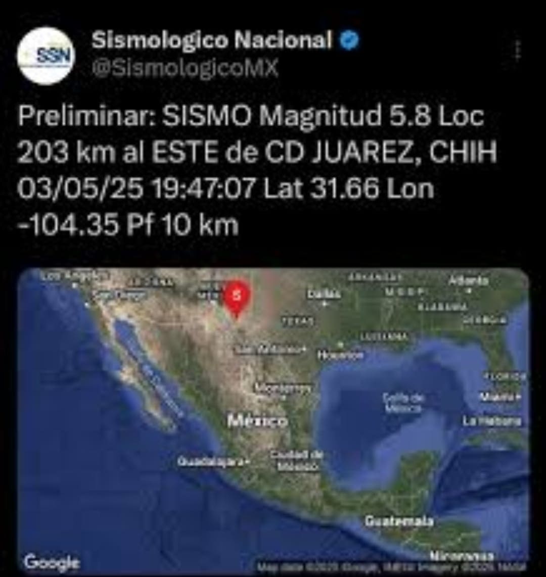 Sismo de magnitud 5.8 sacude Ciudad Juárez sin causar daños