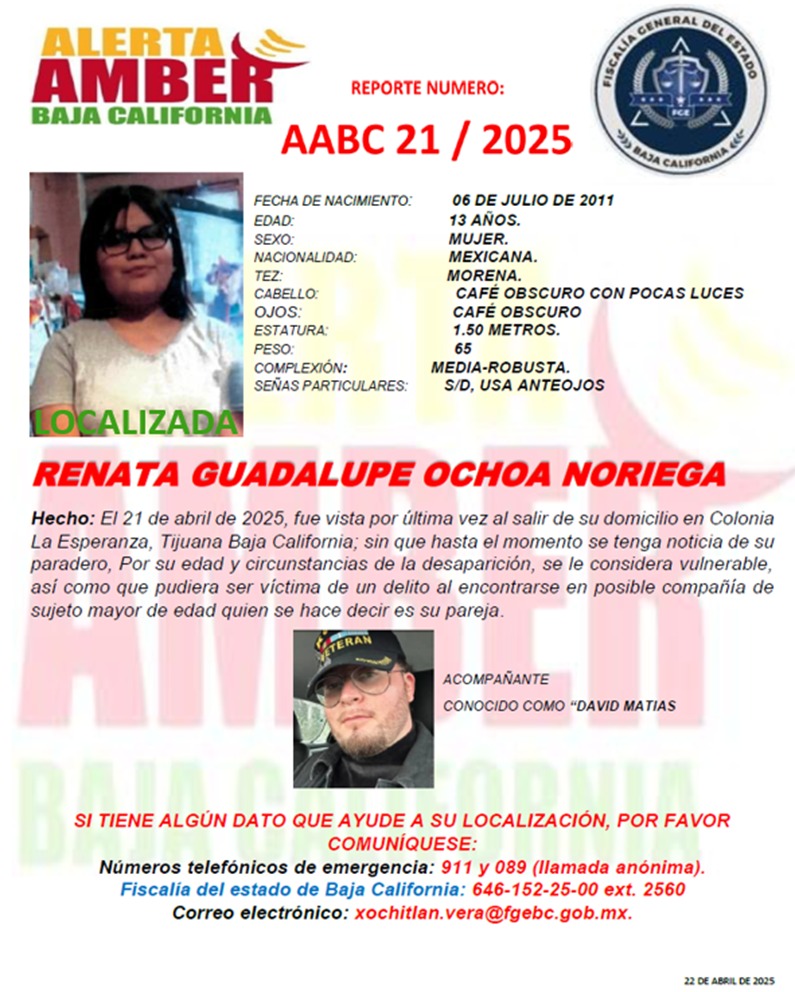 Alerta Amber Cancelada de Renata Guadalupe Ochoa Noriega de 13 años