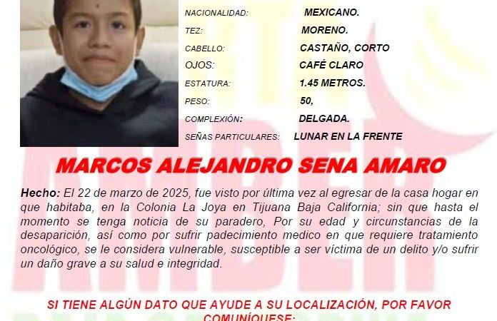 Alerta Amber de Marcos Alejandro Sena Amaro de 14 años de edad