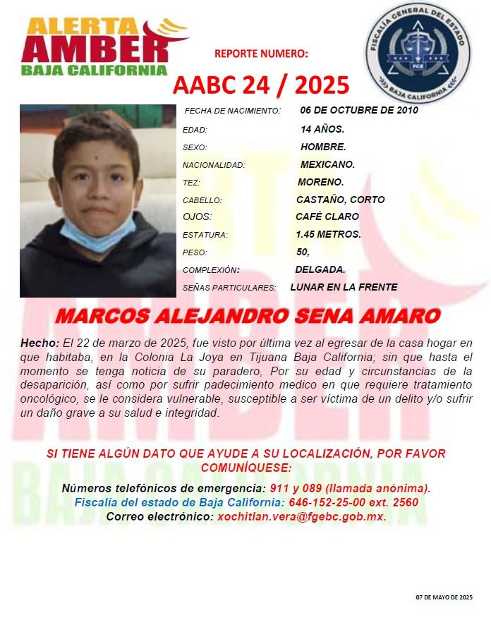 Alerta Amber de Marcos Alejandro Sena Amaro de 14 años de edad