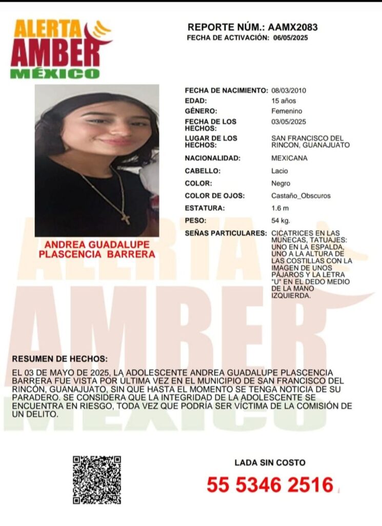 Alerta Amber de Andrea Guadalupe Plascencia Barrera de 15 años de edad