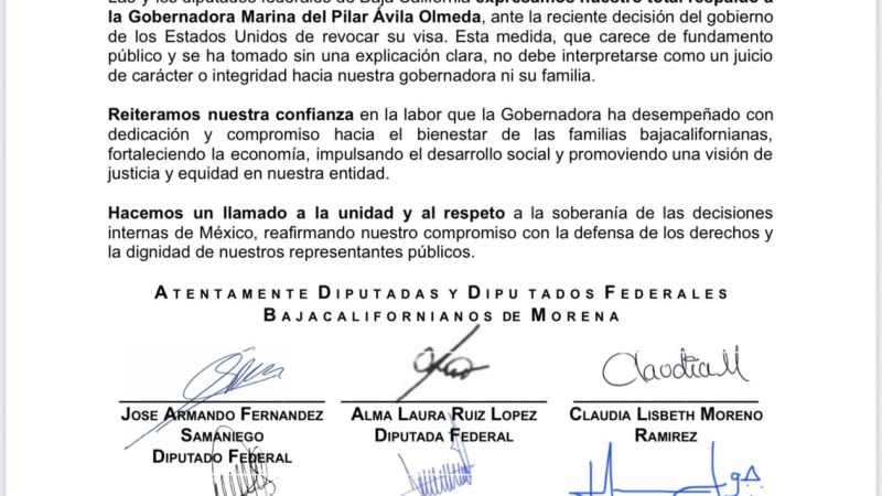Diputados federales de Baja California respaldan a Marina del Pilar tras revocación de visa por parte de Estados Unidos