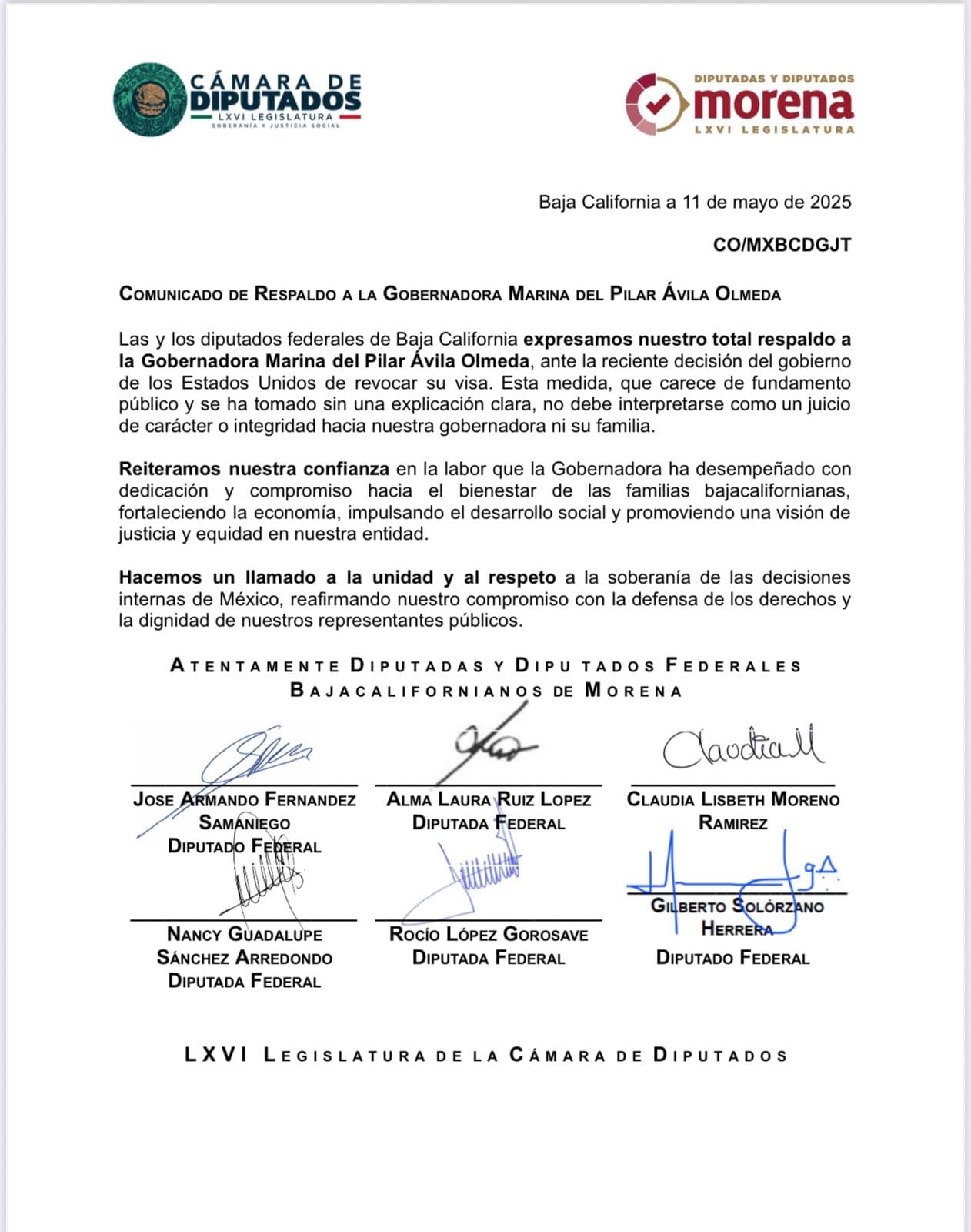 Diputados federales de Baja California respaldan a Marina del Pilar tras revocación de visa por parte de Estados Unidos