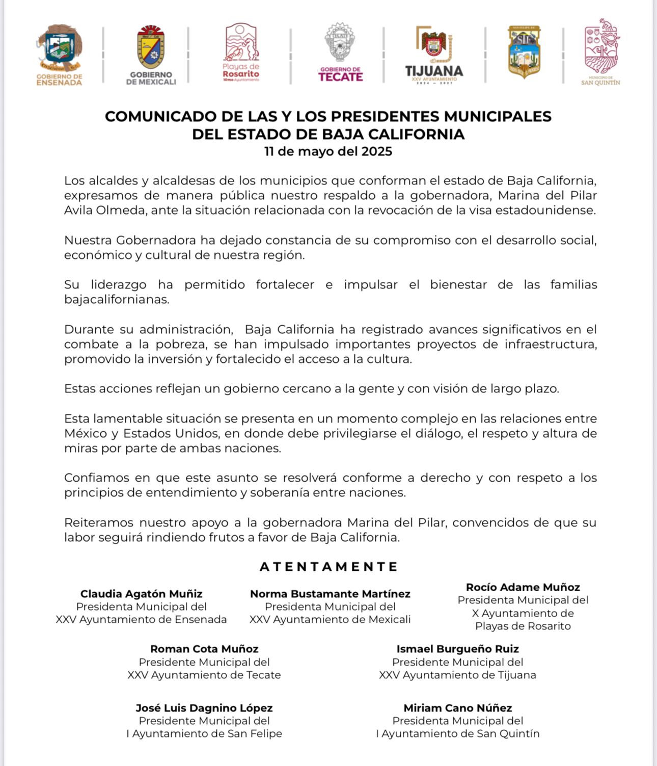 Presidentes municipales de Baja California cierran filas en respaldo a Marina del Pilar