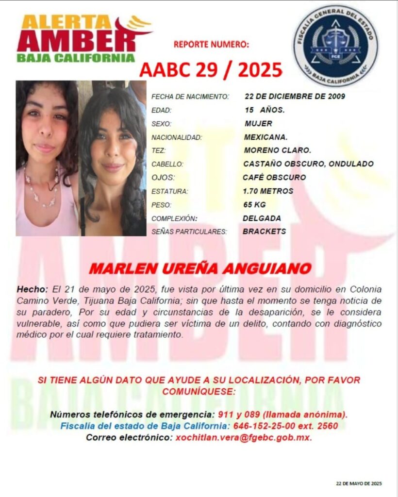 Alerta Amber de Marlen Ureña Anguiano de 15 años de edad