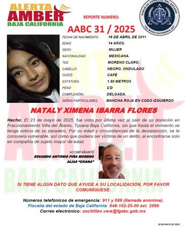 Alerta Amber de Nataly Ximena Ibarra Flores de 14 años de edad