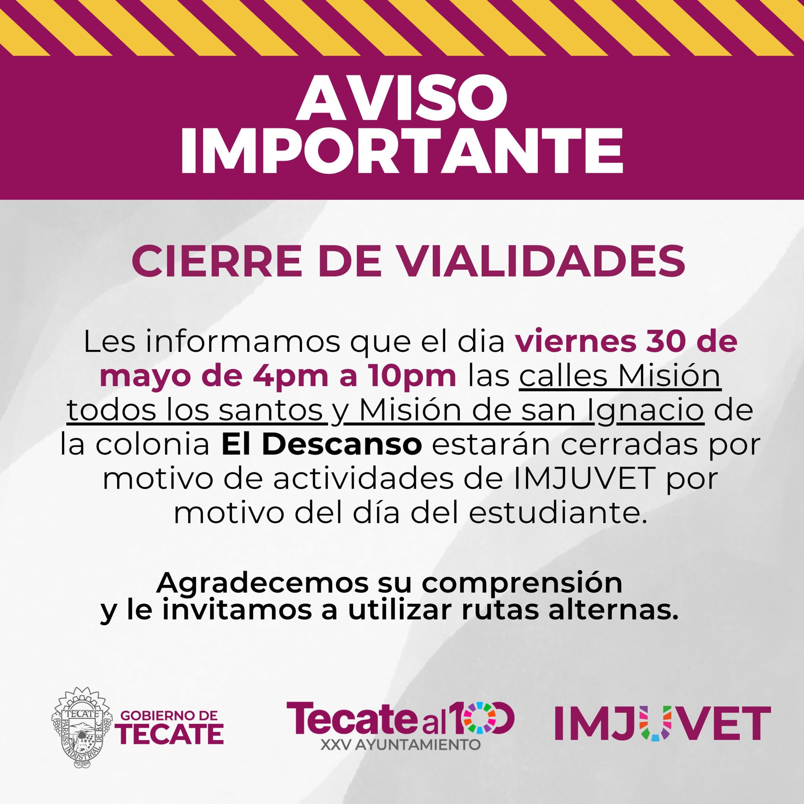Gobierno de Tecate anuncia cierre temporal de calles por actividades en Skate Park del Descanso