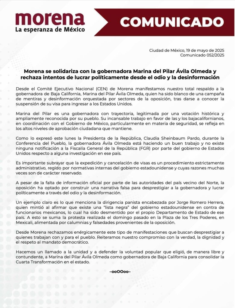 Morena se solidariza con la gobernadora Marina del Pilar Ávila olmeda y rechaza el odio y la desinformación