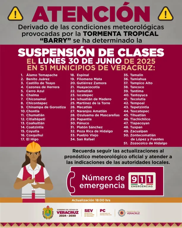 Tormenta tropical Barry toca tierra en Veracruz; suspenden clases en 51 municipios para este lunes