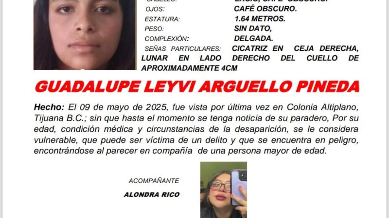 Alerta Amber de Guadalupe Leyvi Arguello Pineda de 16 años de edad