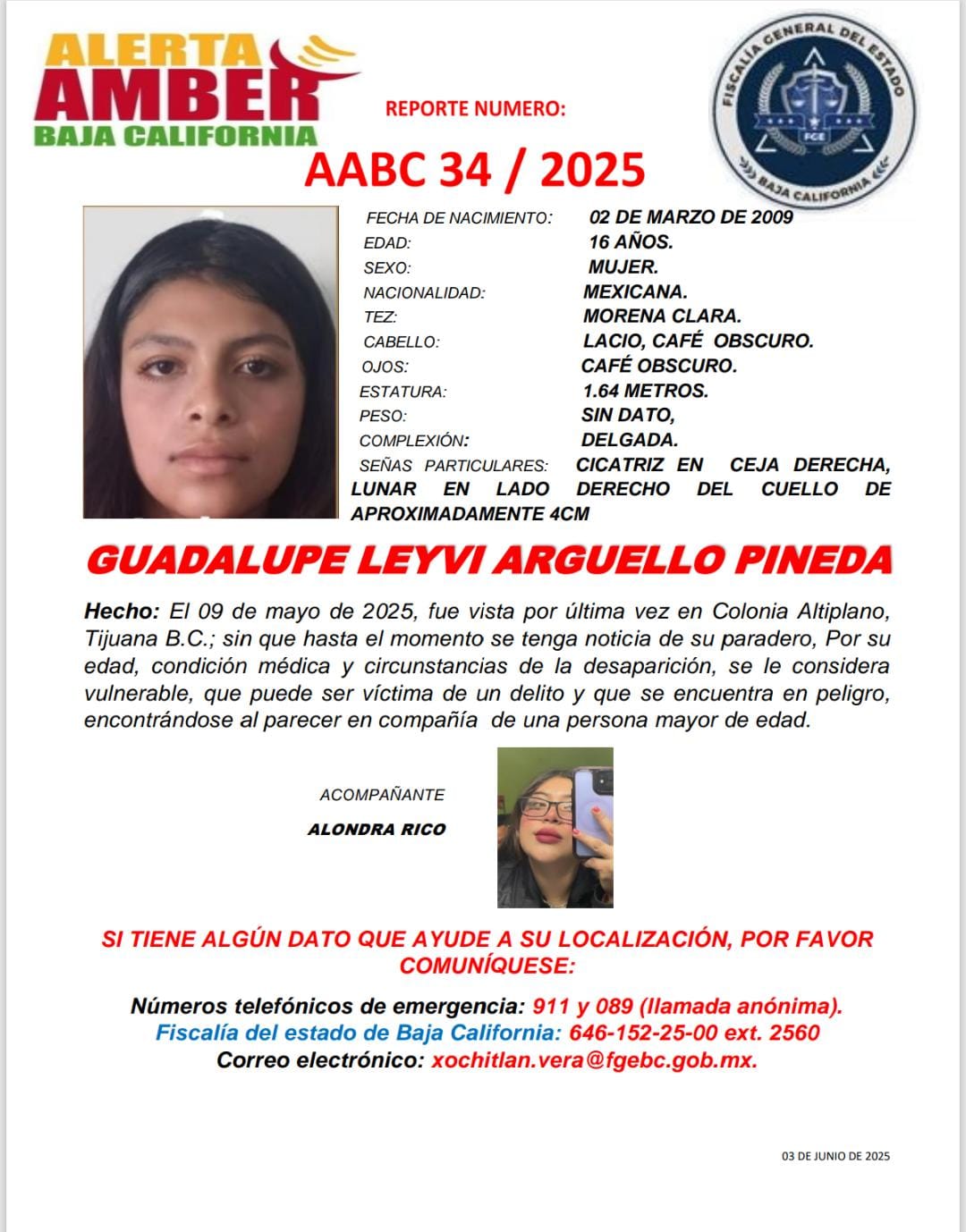 Alerta Amber de Guadalupe Leyvi Arguello Pineda de 16 años de edad
