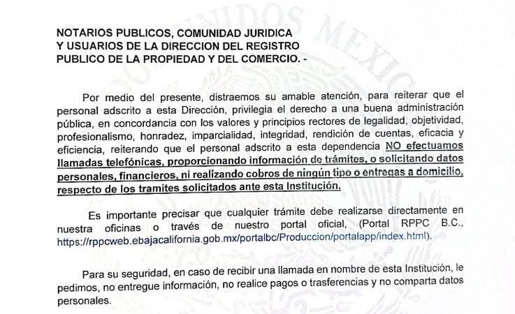 Advierte Registro Público de la Propiedad sobre llamadas fraudulentas en Tijuana