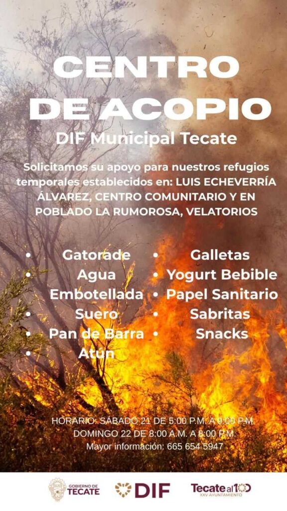 DIF Municipal Tecate instala centro de acopio en apoyo a refugios temporales por incendios forestales