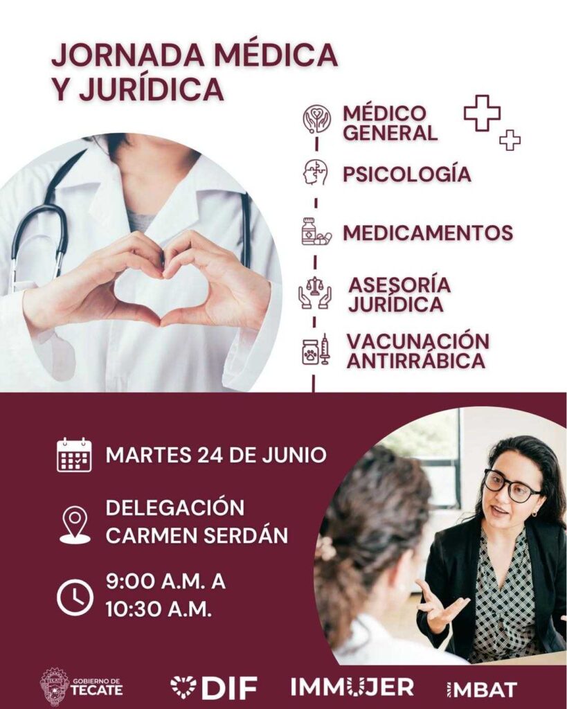 DIF Tecate invita a Jornada Médica y Jurídica en Carmen Serdán y Héroes del Desierto