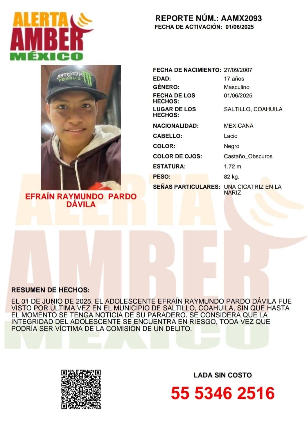 Alerta Amber de Efraín Raymundo Pardo Dávila de 17 años de edad