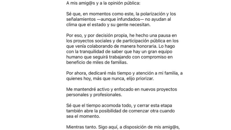 Carlos Torres anuncia retiro temporal de la vida pública para priorizar a su familia