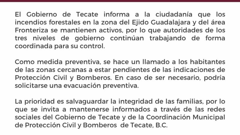 Gobierno de Tecate emite pre alerta para comunidades cercanas a incendio forestal