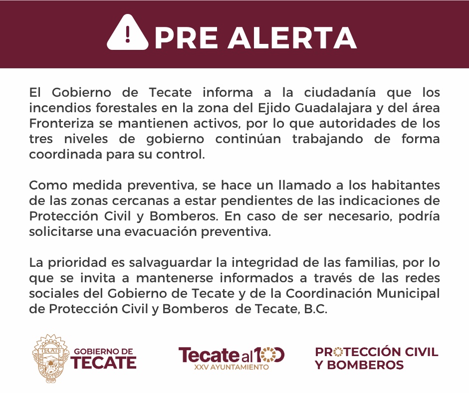 Gobierno de Tecate emite pre alerta para comunidades cercanas a incendio forestal