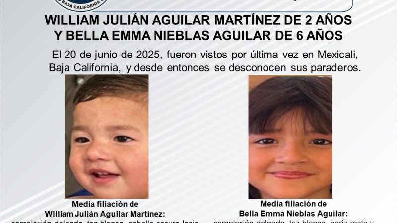 Pesquisa de William Julián Aguilar Martínez de 2 años y Bella Emma Nieblas Aguilar de 6 años de edad
