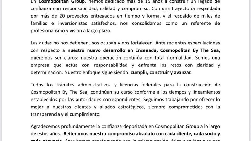 Cosmopolitan Group ratifica su compromiso y continuidad del proyecto “By The Sea” en Ensenada