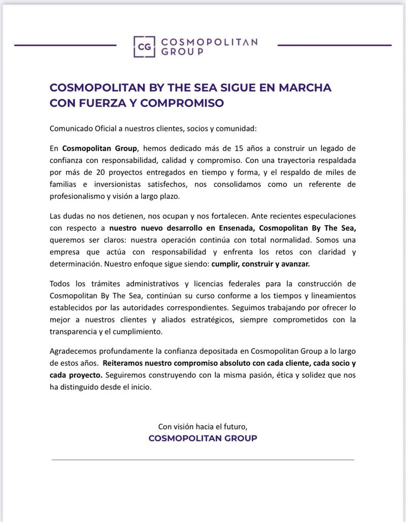 Cosmopolitan Group ratifica su compromiso y continuidad del proyecto “By The Sea” en Ensenada