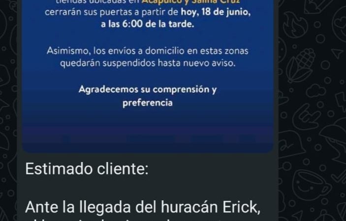 Walmart cierra tiendas en Acapulco por huracán Erick