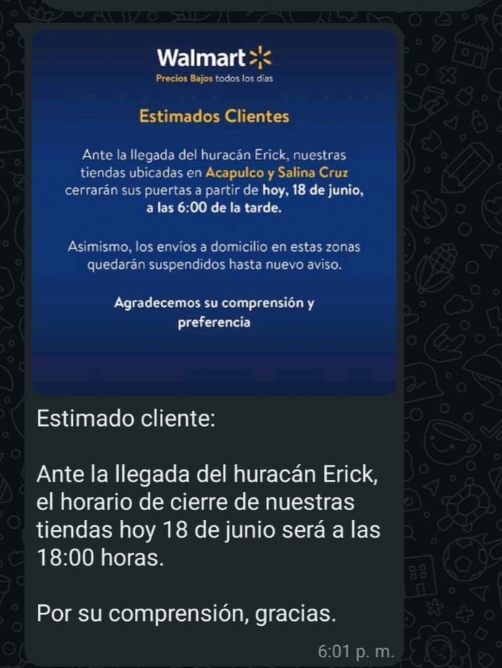 Walmart cierra tiendas en Acapulco por huracán Erick