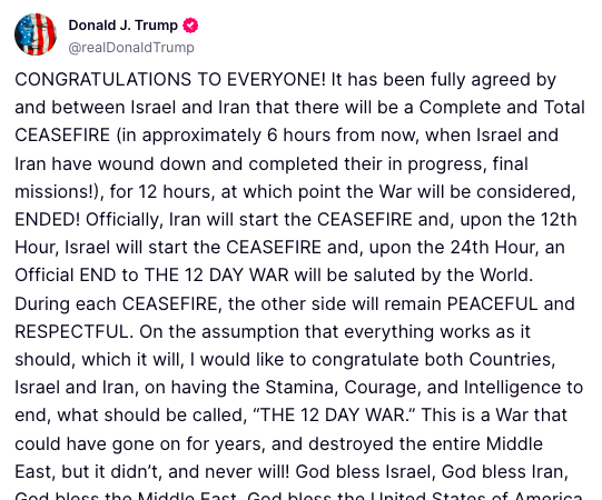 Trump anuncia fin de la guerra entre Irán e Israel: “Quiero felicitar a ambos"