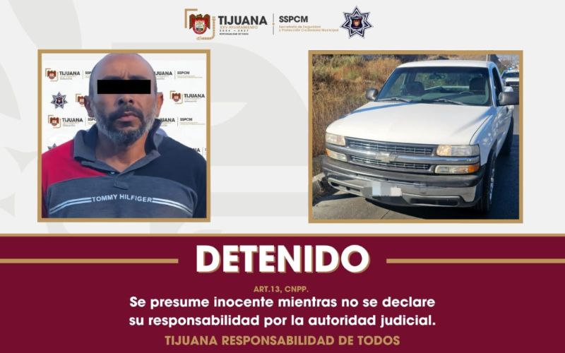 Asegura Policía Municipal de Tijuana vehículo y a persona sospechosa de agresión armada a Policía Municipal de Tecate