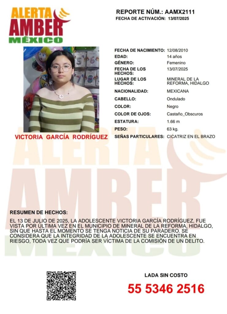 Activan Alerta AMBER para localizar a Victoria García Rodríguez, de 14 años