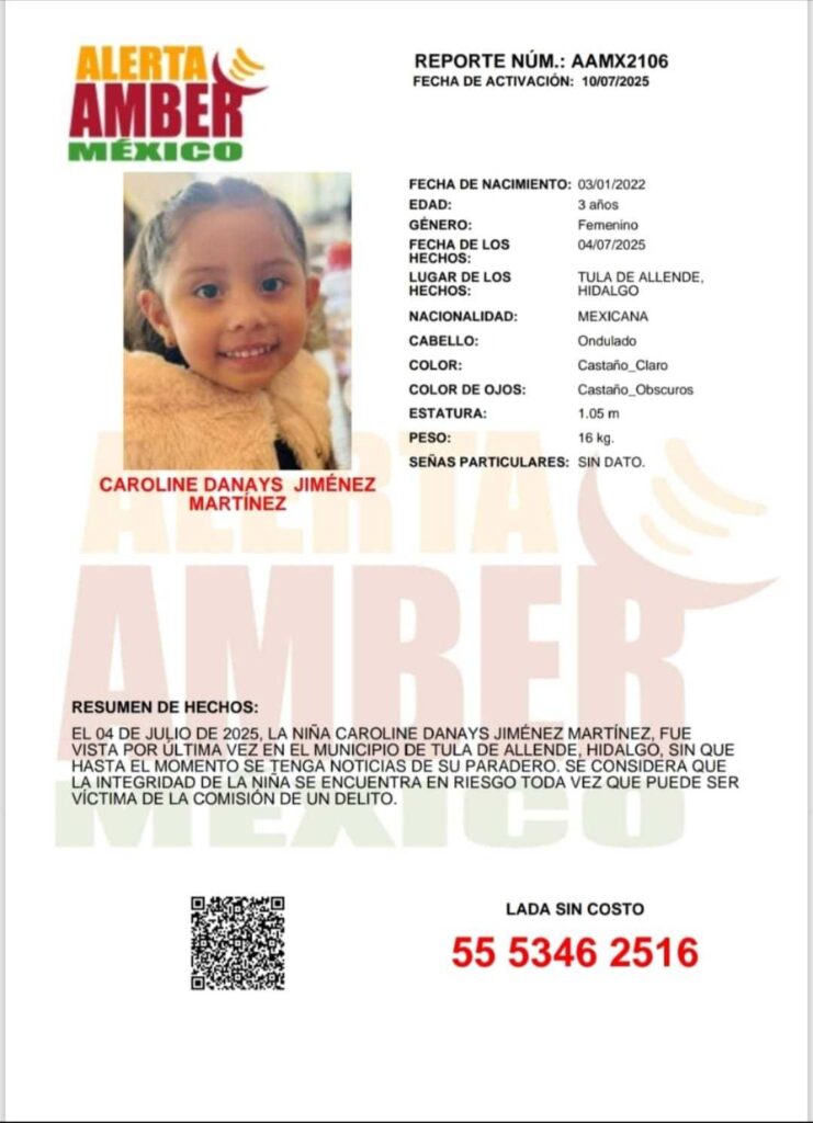 Lanzan Alerta Amber para localizar a pequeña de 3 años desaparecida en Hidalgo