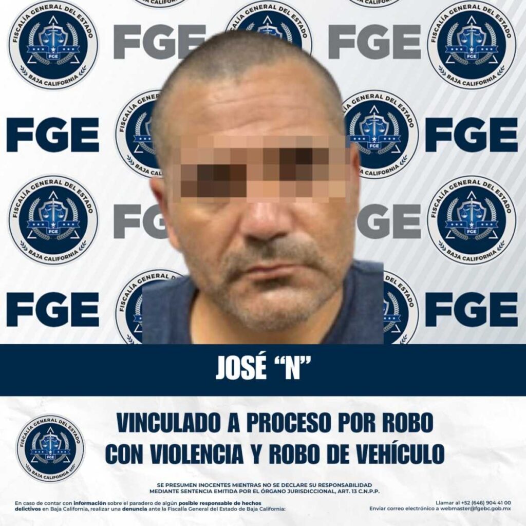 Fiscalía Regional de Playas de Rosarito vincula a proceso a un masculino por robo con violencia y robo de vehículo