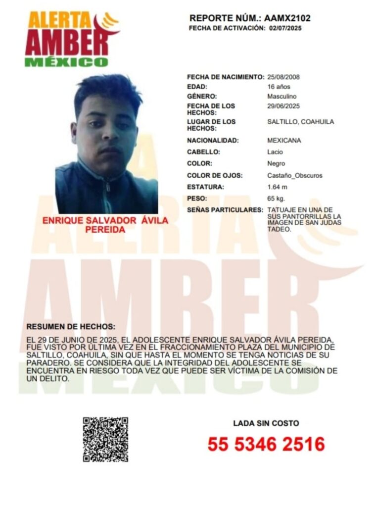 Alerta Amber para localizar a Enrique Salvador Avila Pereida de 16 años