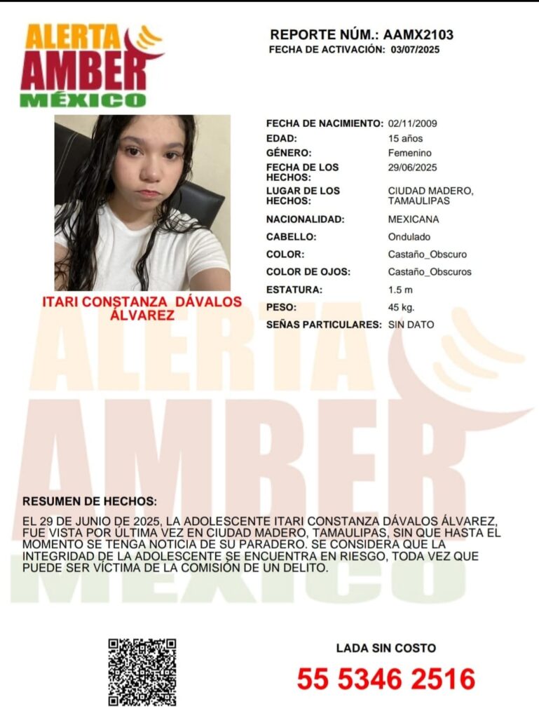 Alerta Amber para localizar a Itari Constanza Dávalos Álvarez de 15 años de edad