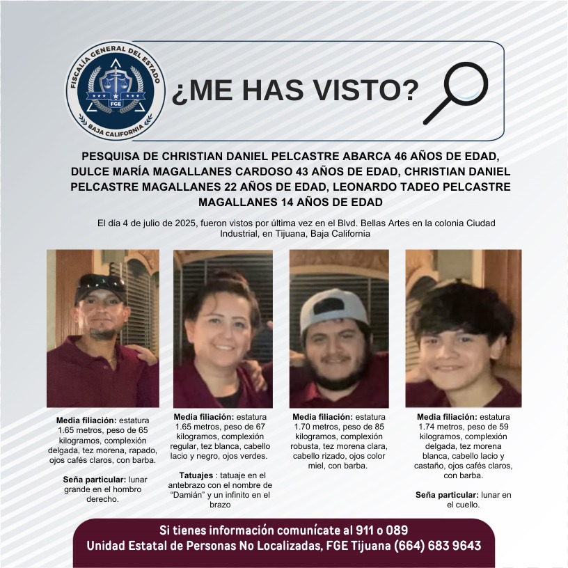 Pesquisa: Buscan a familia desaparecida en Tijuana, vista por última vez el 4 de julio