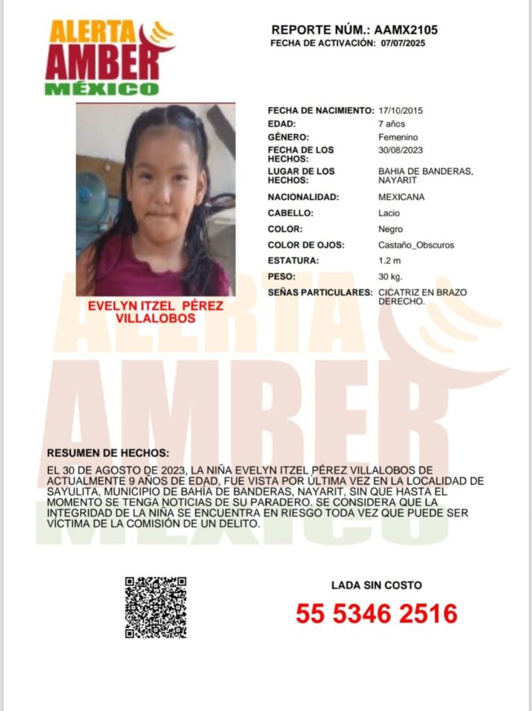 Alerta Amber de Evelyn Itzel Pérez Villalobos de 7 años de edad