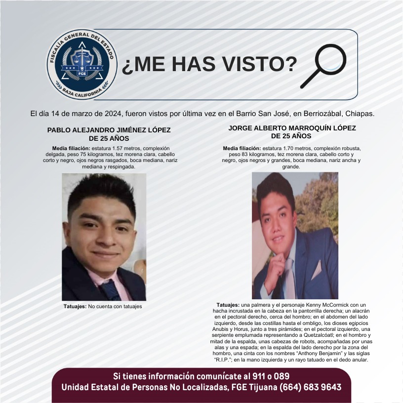 Pesquisa de Pablo Alejandro Jiménez López de 25 años y Jorge Alberto Marroquín López de 25 años de edad