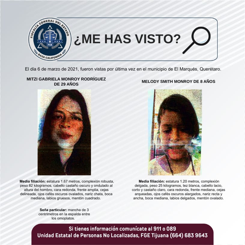 Pesquisa de Mitzi Gabriela Monroy Rodríguez de 29 años de edad y Melody Smith Monroy de 8 años de edad