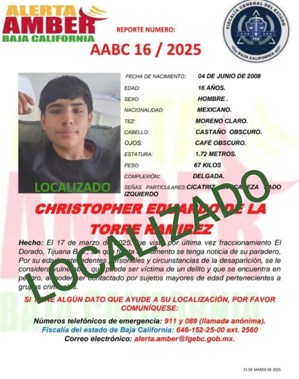 Desactivan Alerta Amber tras localizar a menor en Tijuana