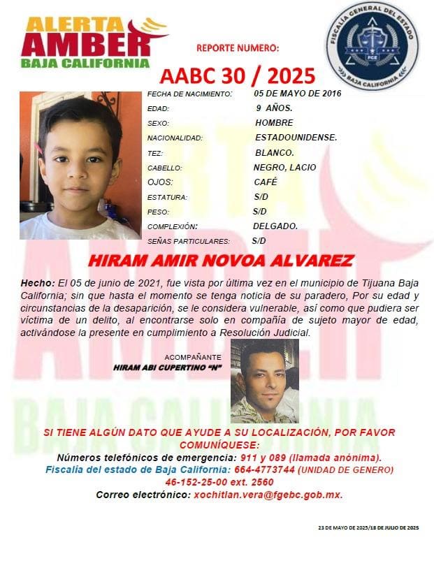 Alerta Amber B.C, Hiram Amir Novoa Álvarez de 9 años