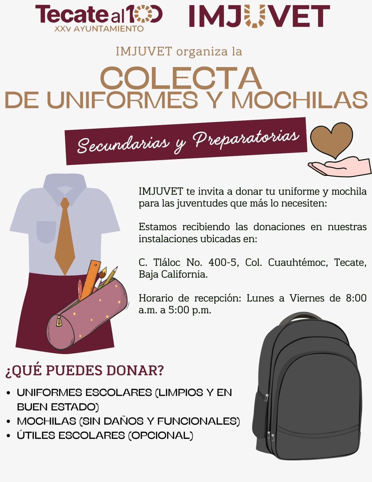 IMJUVET impulsa colecta de uniformes y mochilas para secundarias y preparatorias