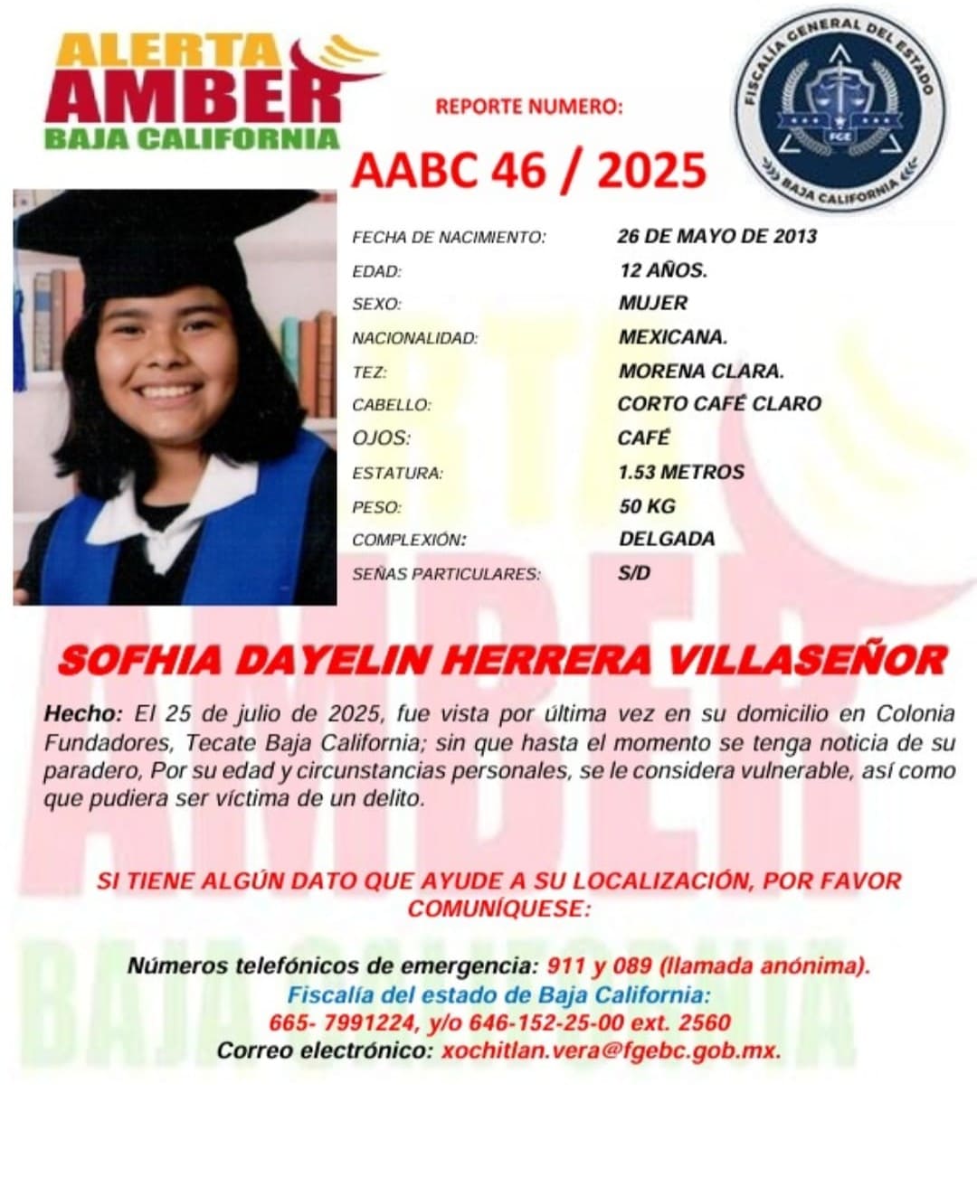 Alerta Amber Sofhia Dayelin Herrera Villaseñor de 12 años de edad