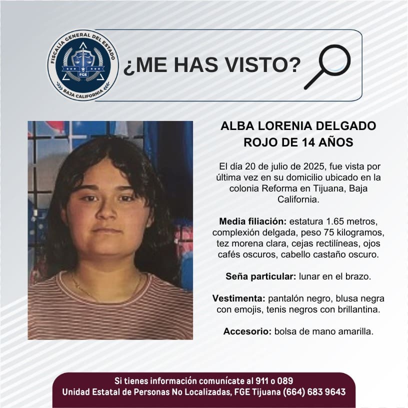 Pesquisa de Alba Lorenia Delgado Rojo de 14 años de edad