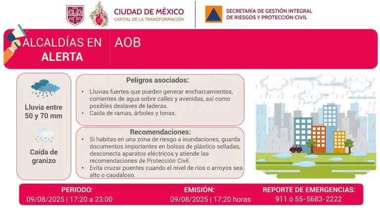 Activan Alerta Roja por lluvias fuertes y granizo en Álvaro Obregón